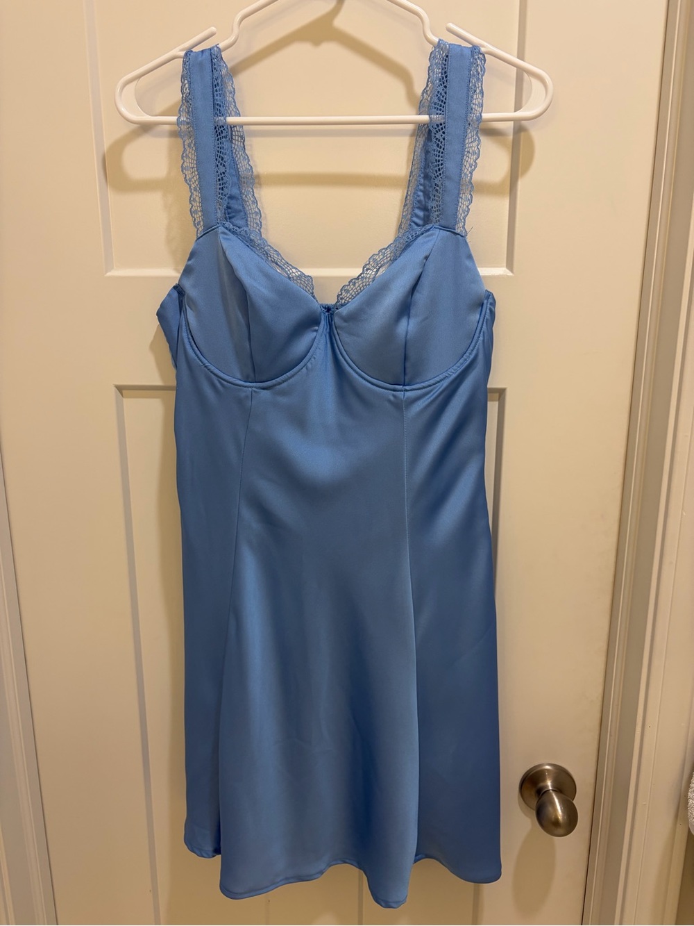 Astr Powder Blue Satin Slip Dress with Lace Straps
